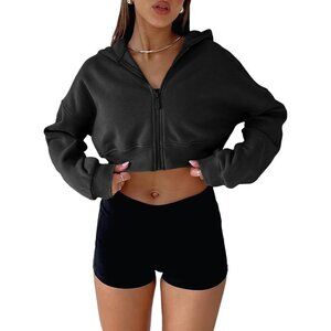 Sweatshirts Women Black Cropped ZipUp Long Sleeve Casual Loose Hoodie